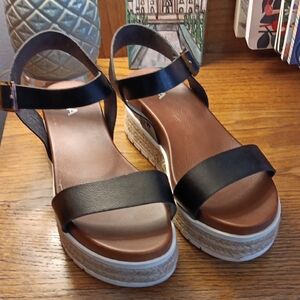 MIA Black Platform Espidril Sandals with Tortois Shell Buckle, 8.5